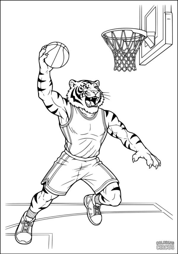 Coloring page featuring a strong tiger in a basketball uniform dunking a ball