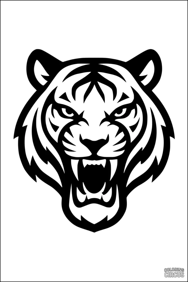 Coloring page featuring a detailed roaring tiger face, perfect for kids to color and learn about big cats.