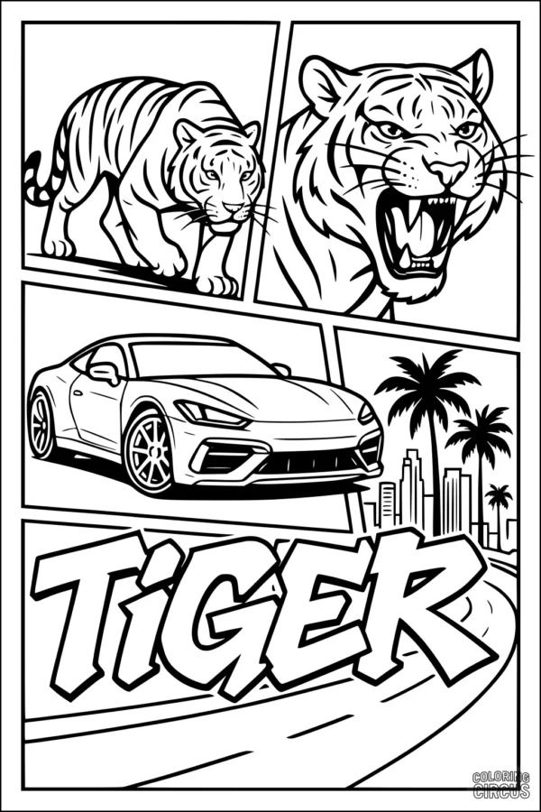 Coloring page tiger, sports car, city, palm trees, comic style