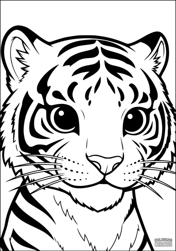 Coloring page featuring a close-up of a cute tiger cub's face with bold stripes and big eyes