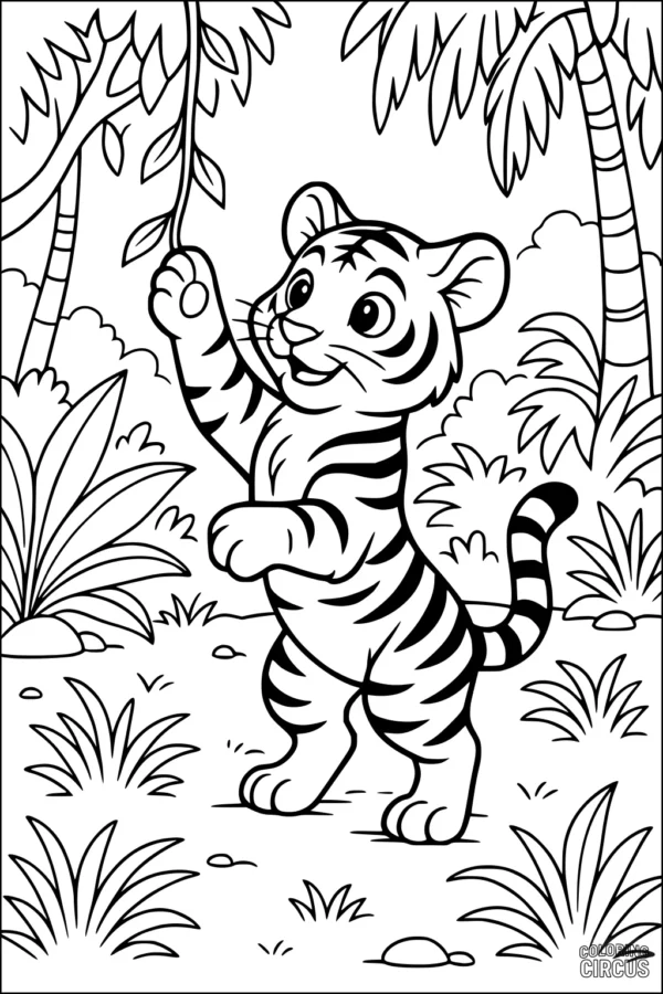 Coloring page of a playful tiger cub in a jungle with palm trees and leafy plants