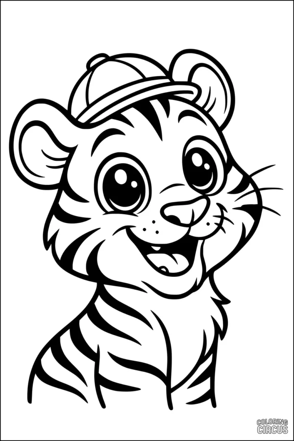 Coloring page featuring a cute cartoon tiger cub wearing a cap, ideal for young children