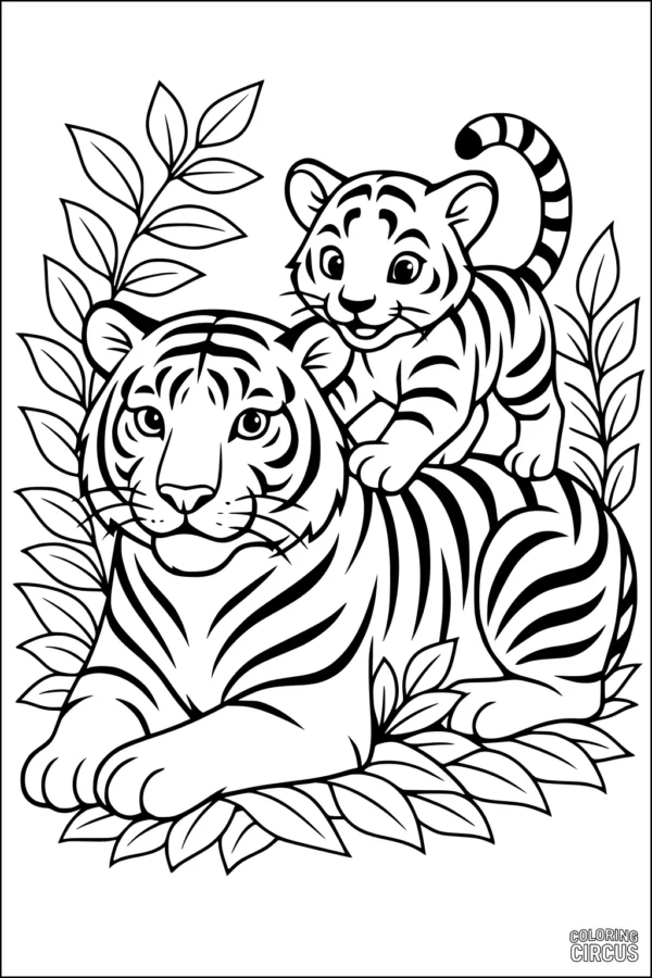 Coloring page showing a mother tiger with her playful tiger cub surrounded by jungle leaves