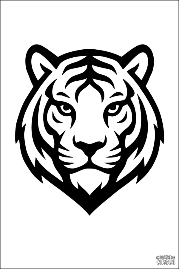 Coloring page showing a bold, stylized tiger face straight on