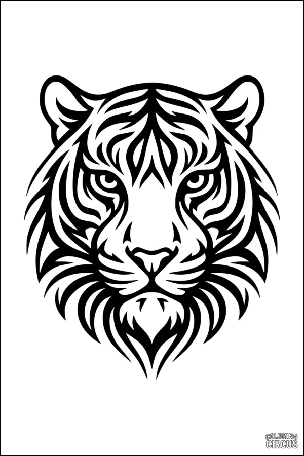 Coloring page featuring an intricate tiger face with bold patterns and stripes