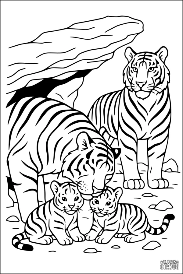 Coloring page showing a tiger family with two cubs under a rock in the jungle