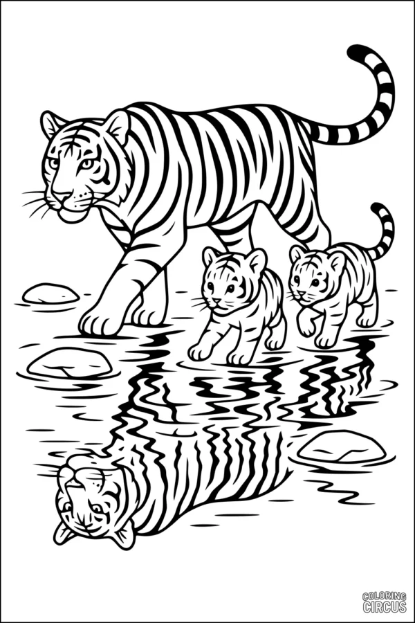 Coloring page of a mother tiger with two cubs crossing a stream, showing their reflections in the water.