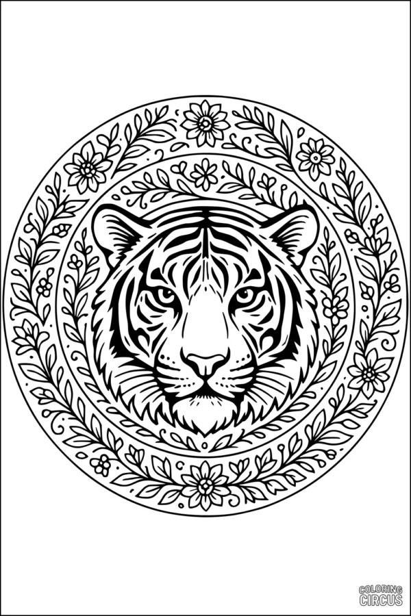 Coloring page of a detailed tiger face in a floral mandala frame