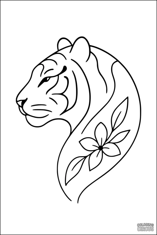 Coloring page featuring a stylized tiger with a large flower on its body