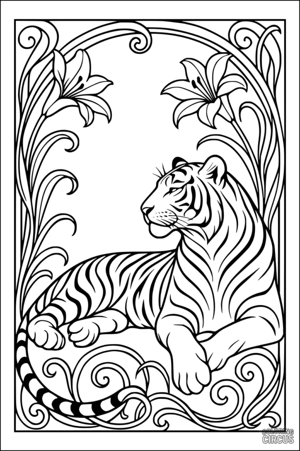 Coloring page of a tiger resting among large blooming lilies and swirling vines in a frame