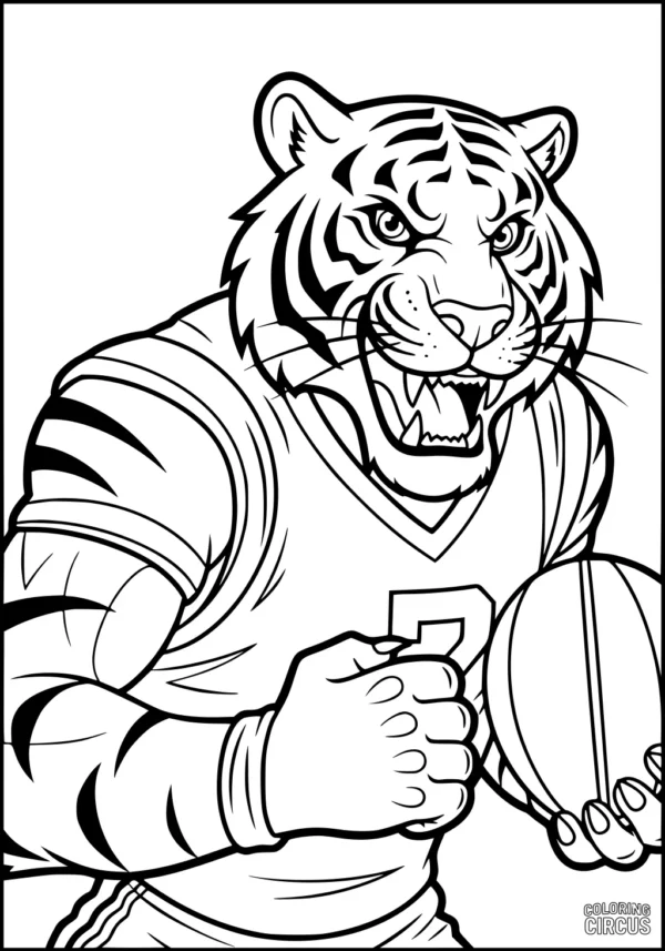 Coloring page of a fierce tiger playing football in a team jersey
