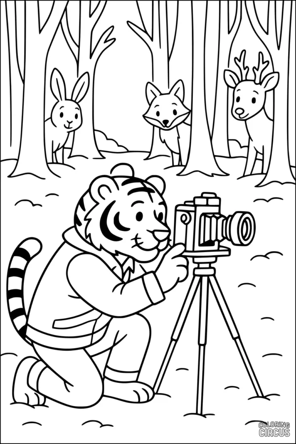 Coloring page of a cartoon tiger taking photos of rabbit, fox, and deer in a forest