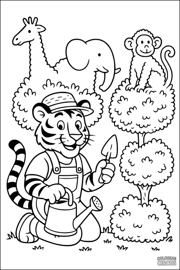 Coloring page tiger gardening with elephant, giraffe, and monkey in bushes