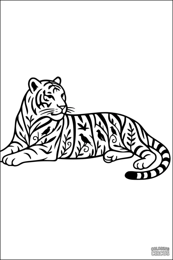 Coloring page featuring a tiger with detailed jungle patterns and birds within its stripes