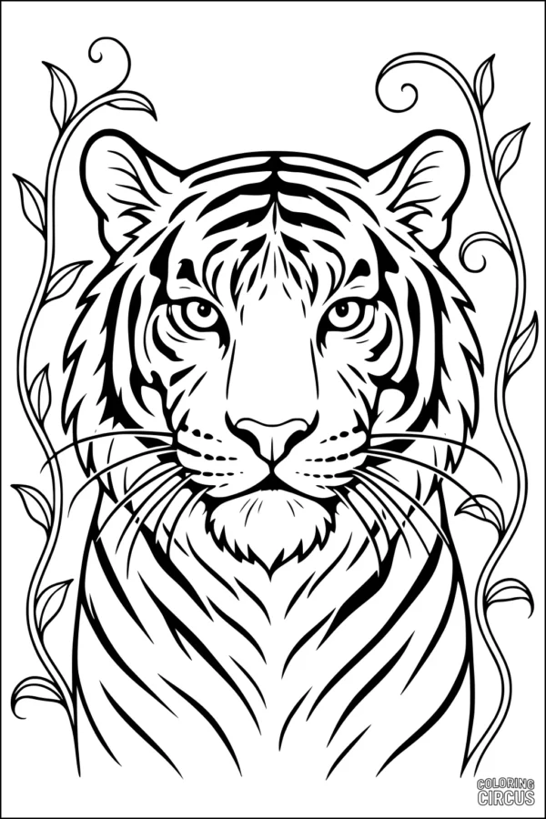 Coloring page of a realistic tiger face surrounded by decorative jungle vines.