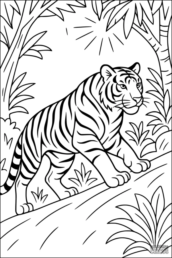 Coloring page showing a tiger walking through a leafy jungle