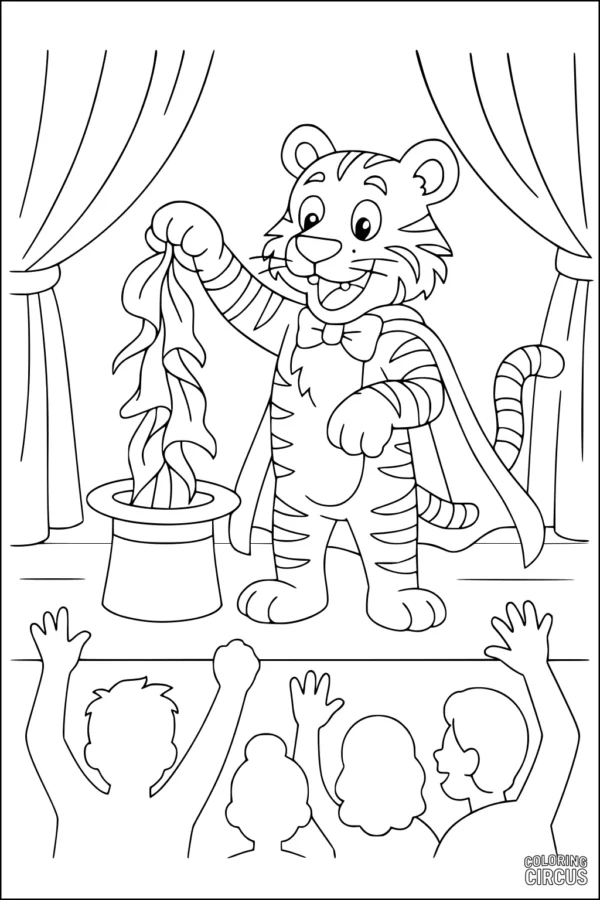 Coloring page featuring a cartoon tiger magician performing on stage with a magic hat and children watching the show