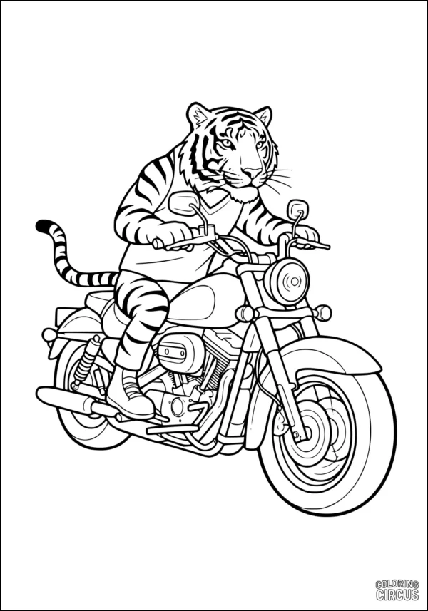 Coloring page of a tiger riding a motorcycle, fun animal scene for kids