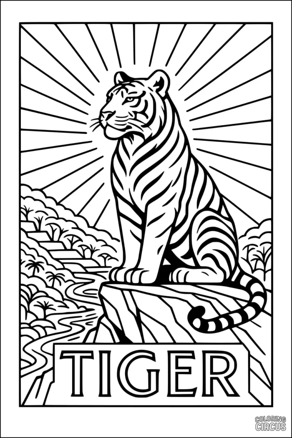 Coloring page showing a tiger sitting on a rock with sun rays and a jungle landscape
