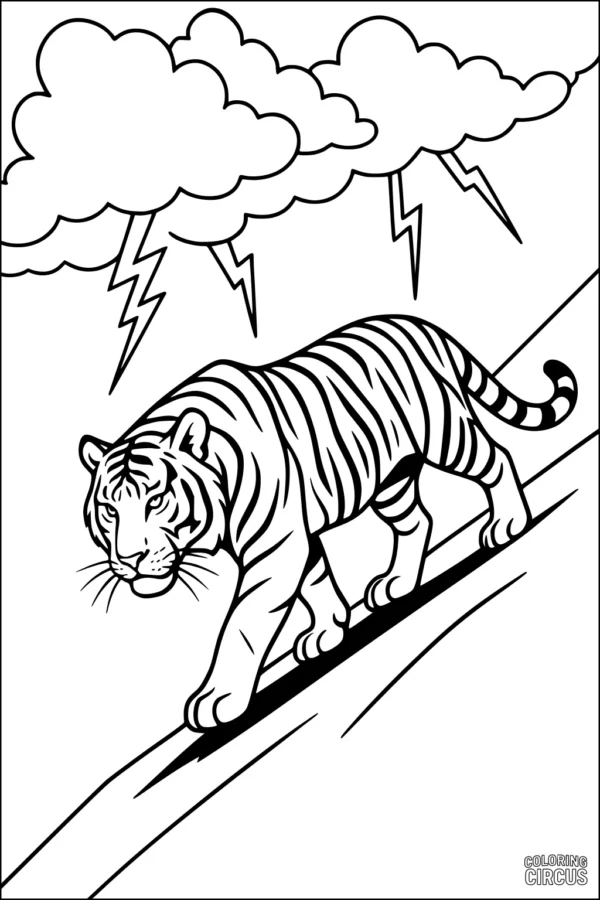 Coloring page of a tiger walking down a hill with storm clouds and lightning overhead