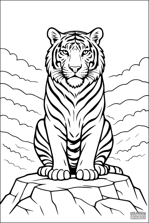 Coloring page of a tiger sitting on a rock with clouds in the background, designed for children