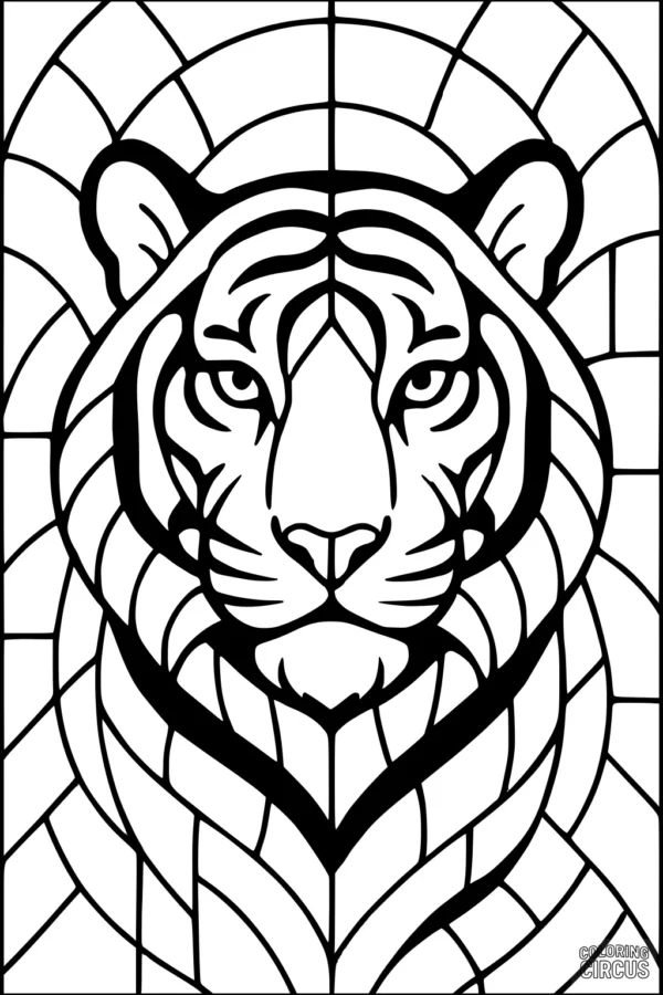 Coloring page featuring a symmetrical tiger face with bold patterns resembling a stained-glass window