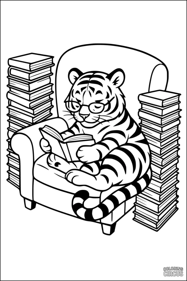 Coloring page of a friendly tiger with glasses reading in a chair surrounded by stacks of books