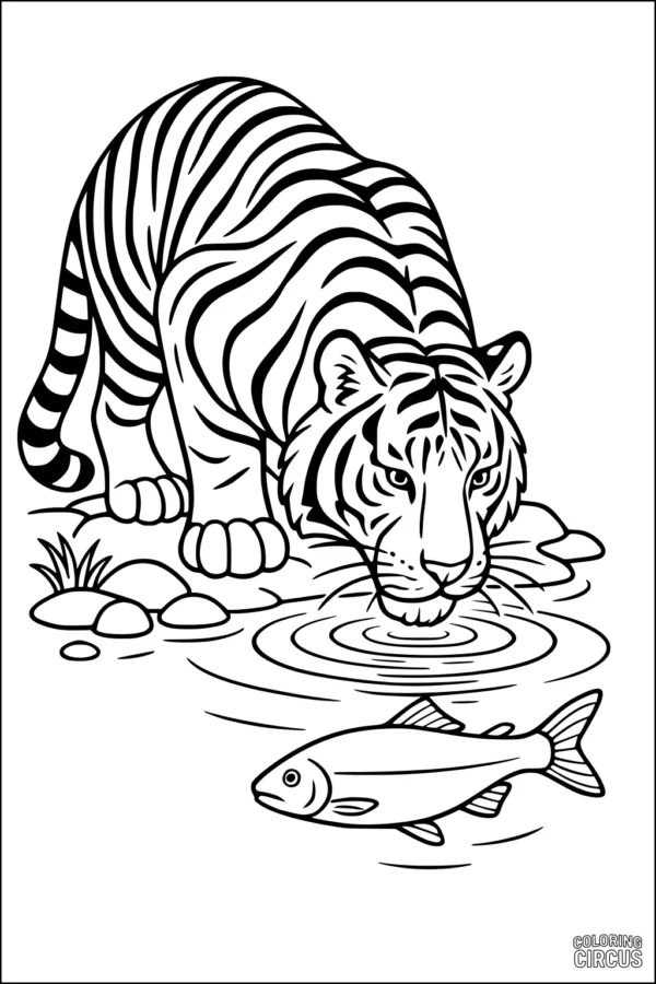 Coloring page showing a tiger drinking water from a river with a fish swimming close by.