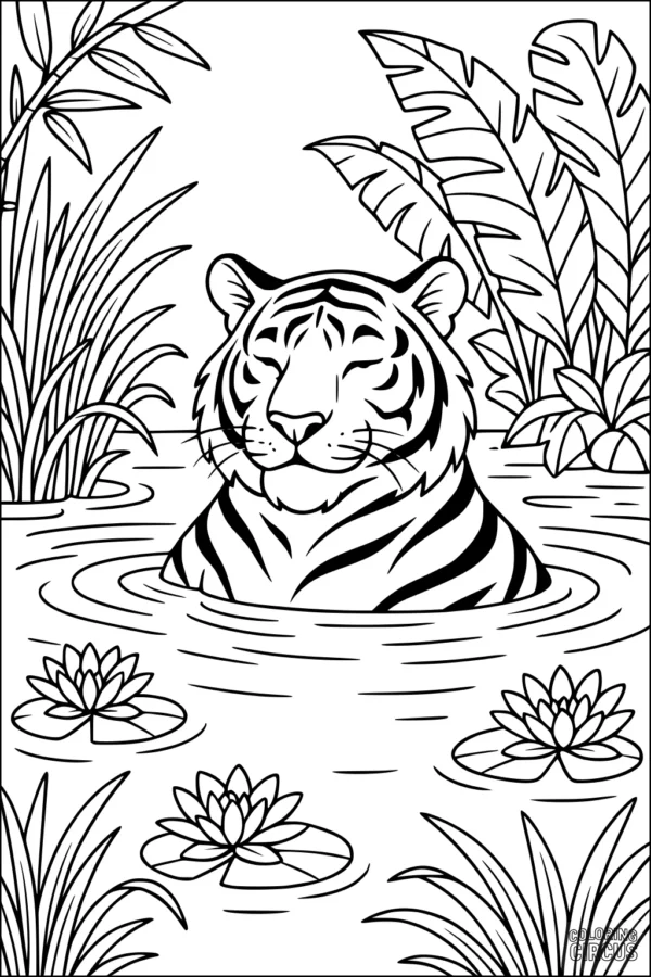 Coloring page featuring a tiger relaxing in a pond surrounded by jungle plants and water lilies