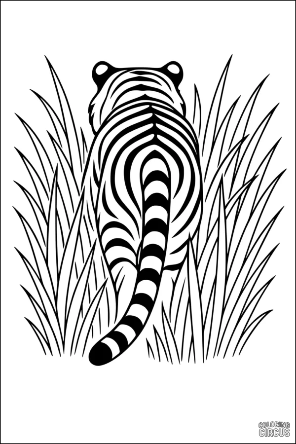 Coloring page of a tiger walking away in tall grass, showing back and striped tail for kids