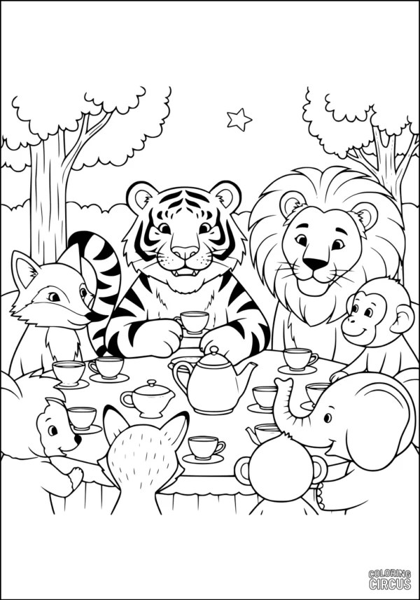 Coloring page with a tiger and forest animals having tea together