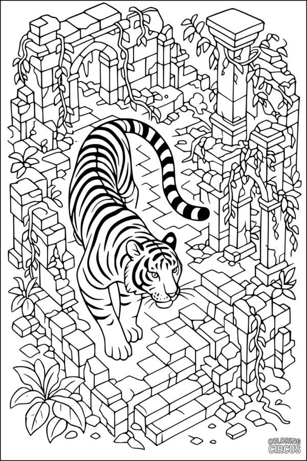Coloring page showing a tiger walking among ancient stone ruins and jungle vines