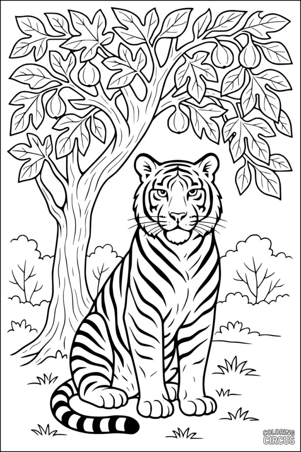 Coloring page featuring a tiger sitting under a large fig tree with detailed leaves and fruit