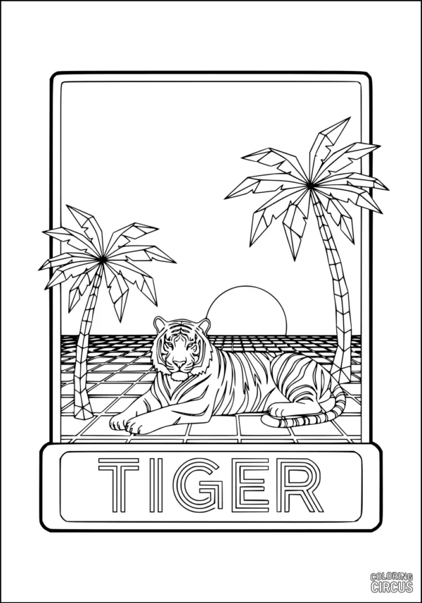 Coloring page of a tiger lying under palm trees with a sunset background