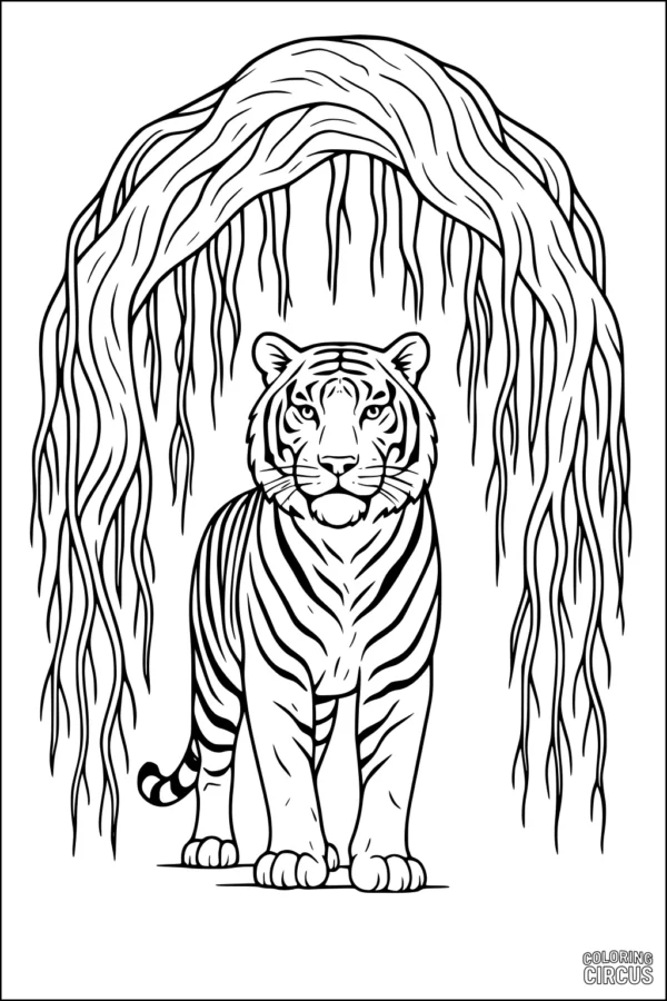 Coloring page showing a tiger standing under hanging jungle vines