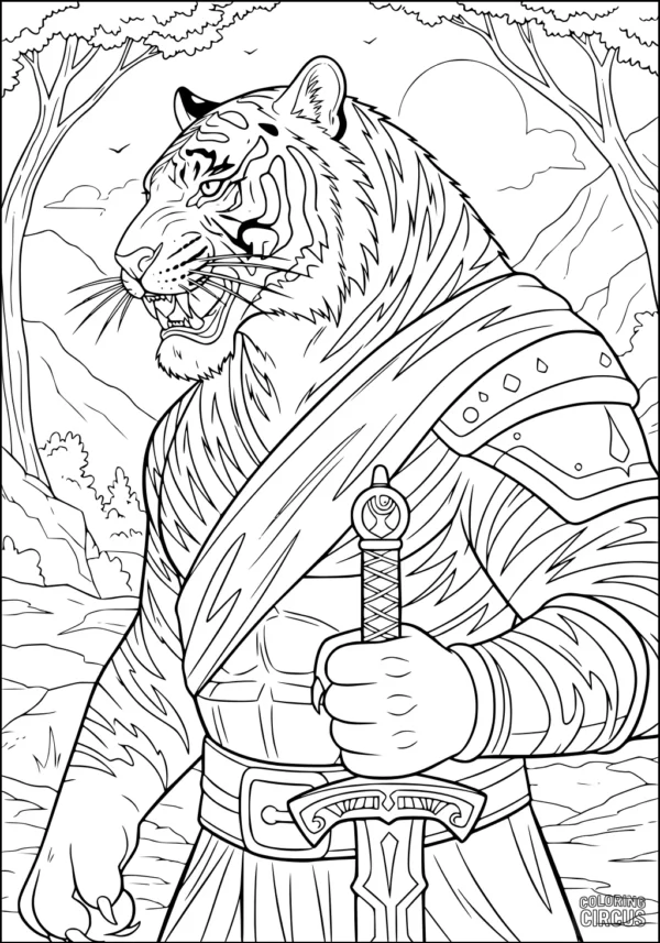 Coloring page of a fierce tiger warrior with detailed armor and sword, set in a forest landscape