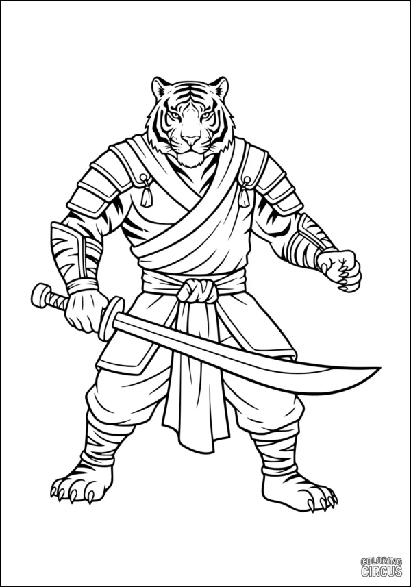 Coloring page of a tiger warrior with armor and sword, standing ready