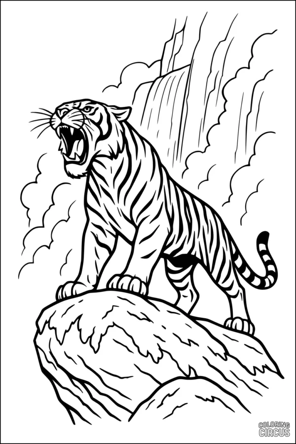 Coloring page showing a roaring tiger standing on a rock with a waterfall and clouds in the background