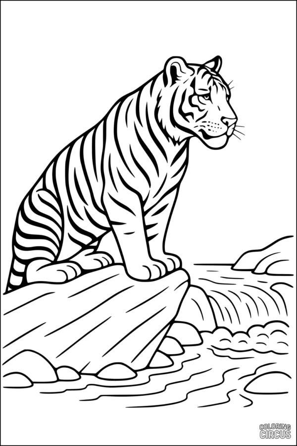 Coloring page featuring a tiger standing on a rock by a flowing river with a waterfall in the background.
