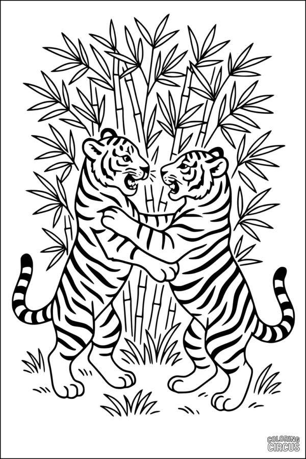 Coloring page featuring two tigers playfully standing together with bamboo plants in the background