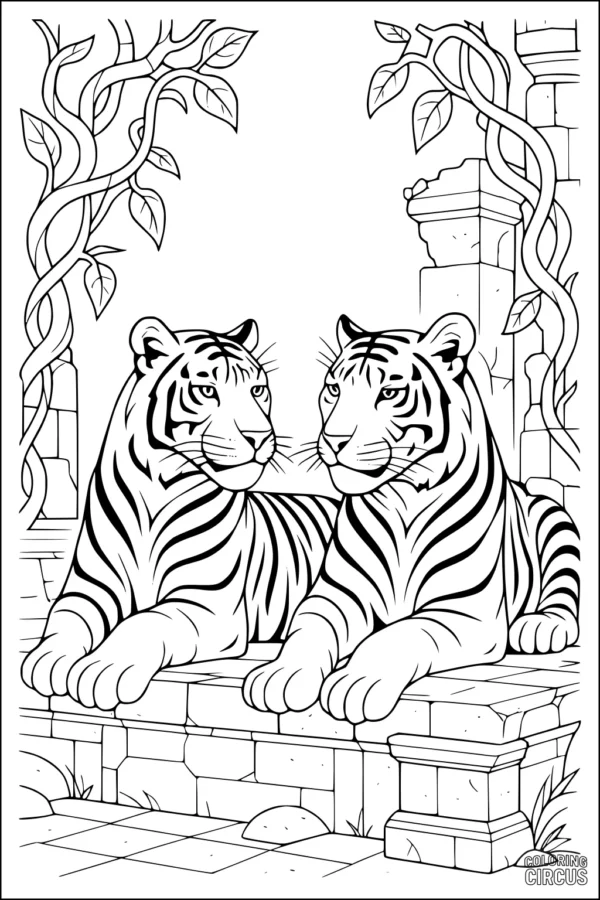Coloring page with two tigers resting on ancient stone steps surrounded by jungle vines and leaves.