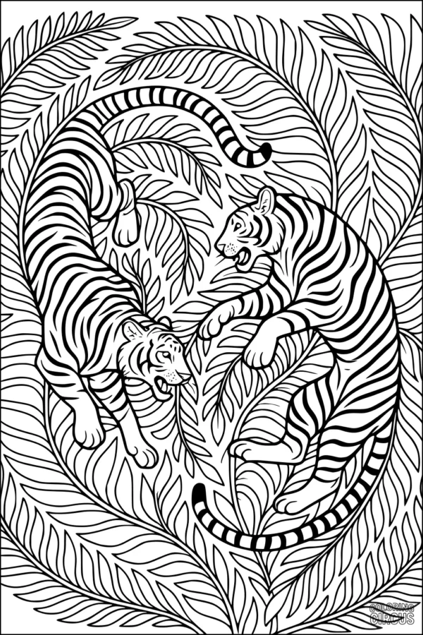 Coloring page with two tigers playing among detailed jungle leaves