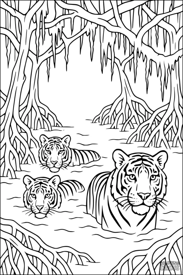 Coloring page with three tigers swimming in a mangrove forest, surrounded by exposed roots and water.