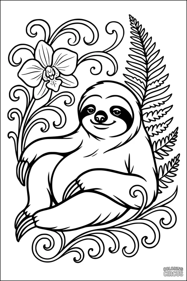 Coloring page featuring a smiling sloth surrounded by an orchid, ferns, and swirling jungle vines