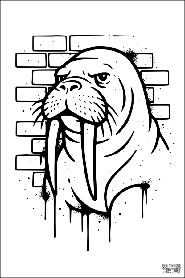 Coloring page walrus with large tusks against a brick wall urban mural style