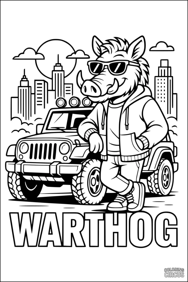 Coloring page of a cartoon warthog in sunglasses and hoodie standing by a jeep in a cityscape