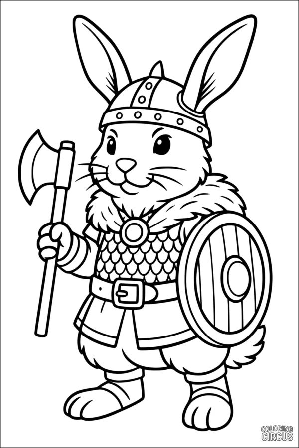 Coloring page of a rabbit in Viking armor with shield and axe