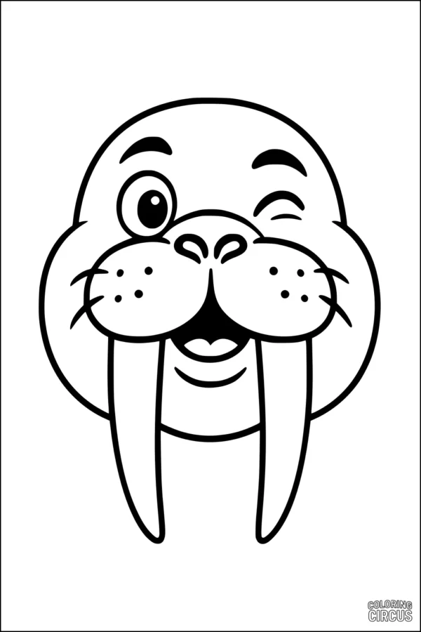 Coloring page featuring a cute winking walrus face with big tusks and whiskers