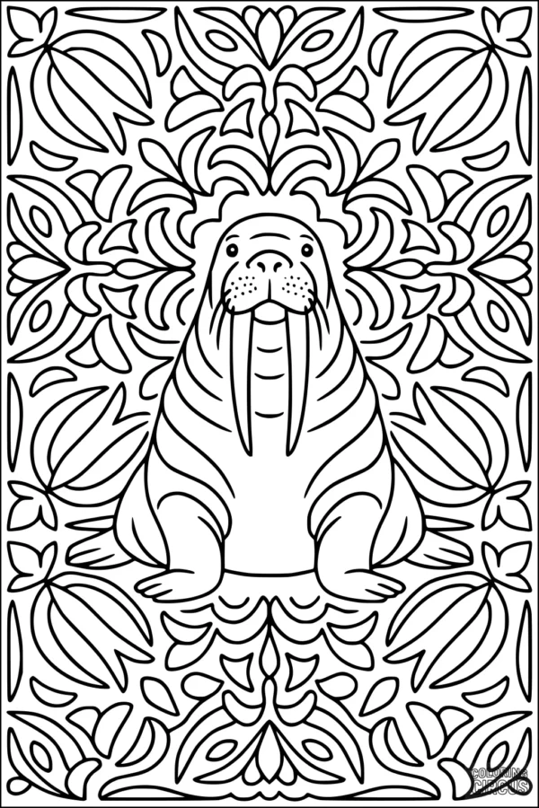Coloring page of a walrus with intricate floral and leaf background designs for kids and adults