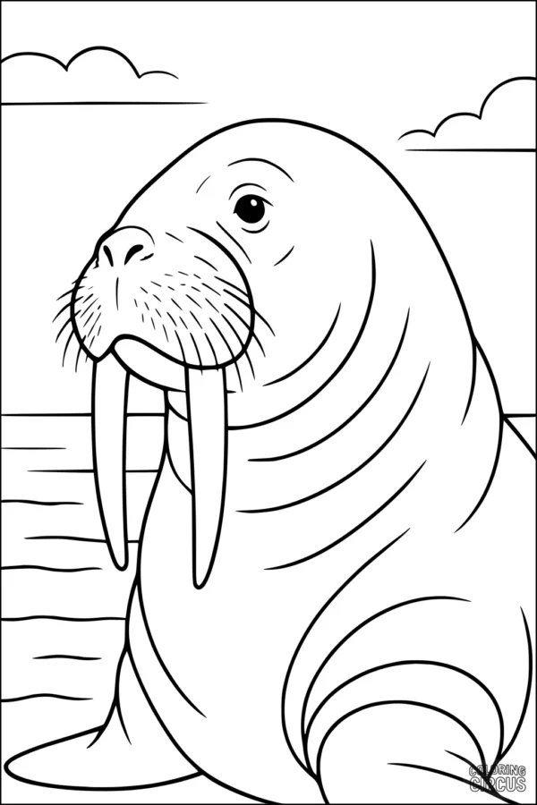 Coloring page featuring a smiling walrus with long tusks on a shoreline with clouds and water in the background